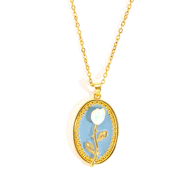 Wholesale rose oil painting high-grade necklace pearl color simple clavicle chain stainless steel plated 18k gold necklace for women